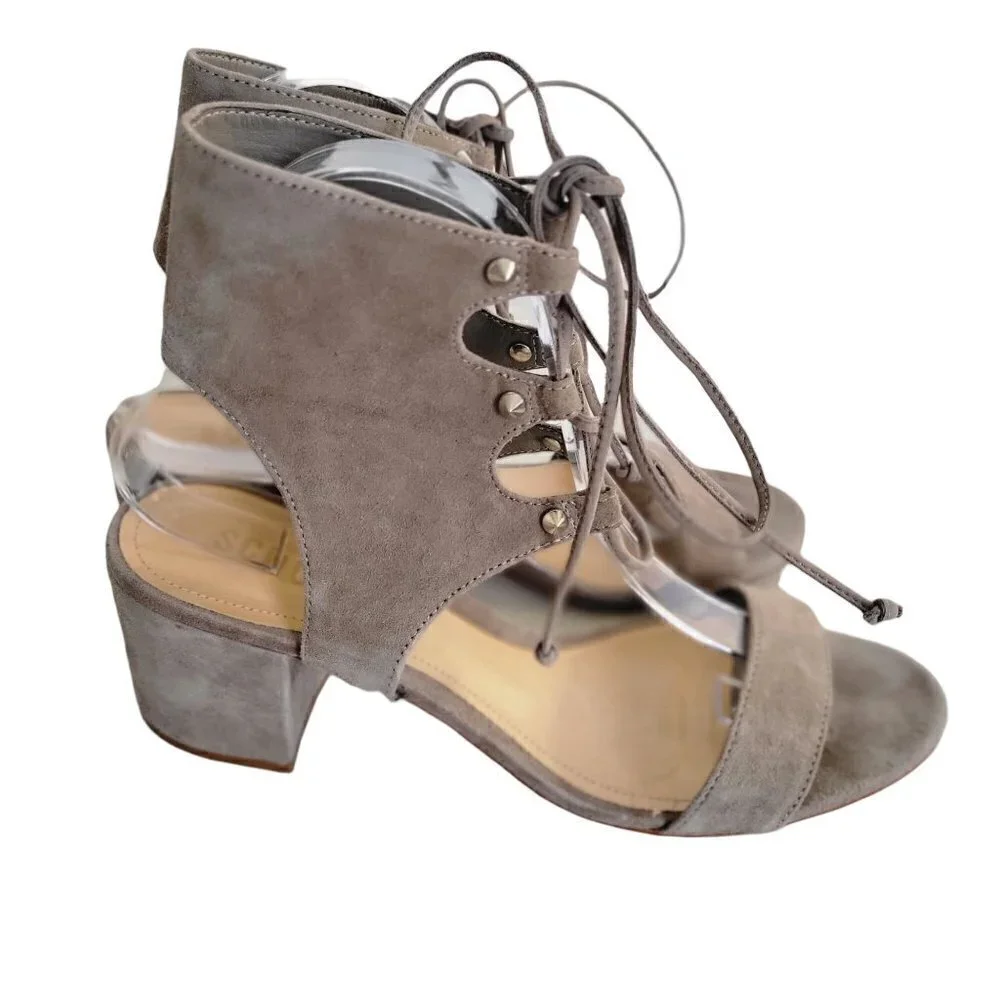 Schutz DARBY Suede Taupe Mouse Gladiator Heels Sandals Size 9B